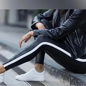 SPANX “Don’t Faux-Get” faux leather  side striped shaping leggings, size L